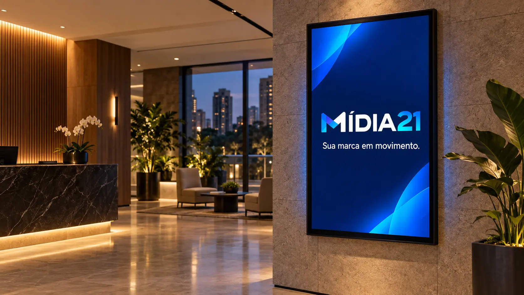 Tela publicitária Mídia21 instalada em hall de condomínio.